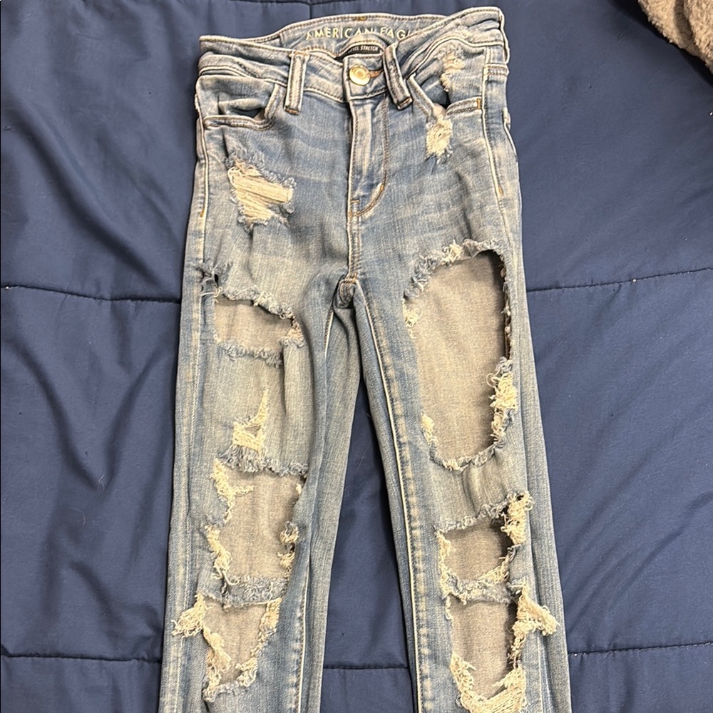 American Eagle Outfitters Blue Skinny Jeans with Distressed Design